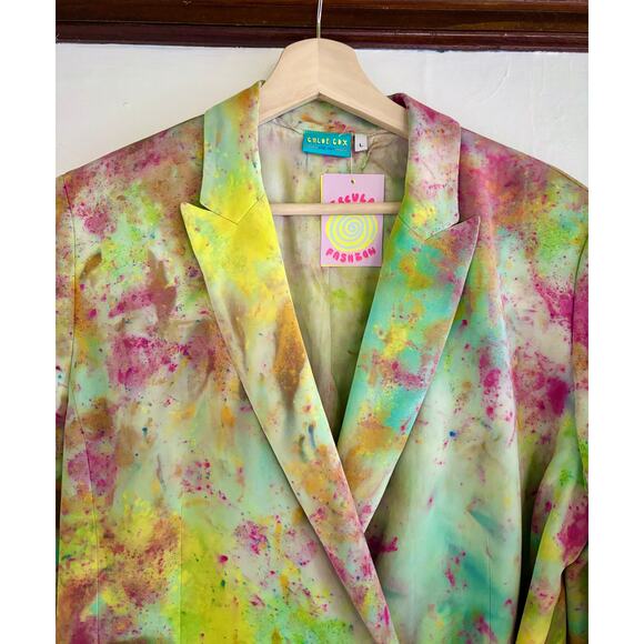 Chloe Cox Upcycled / Handmade Multicolor Hand Dyed Silk Blazer- Size Large - Picture 4 of 7